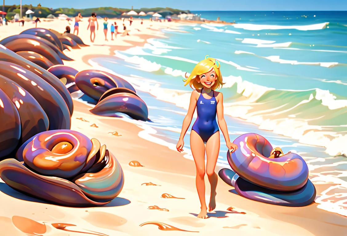 Sunny beach setting with people wearing colorful swimwear, enjoying clam chowder, and walking with joyful expressions on National Rhode Island Day..
