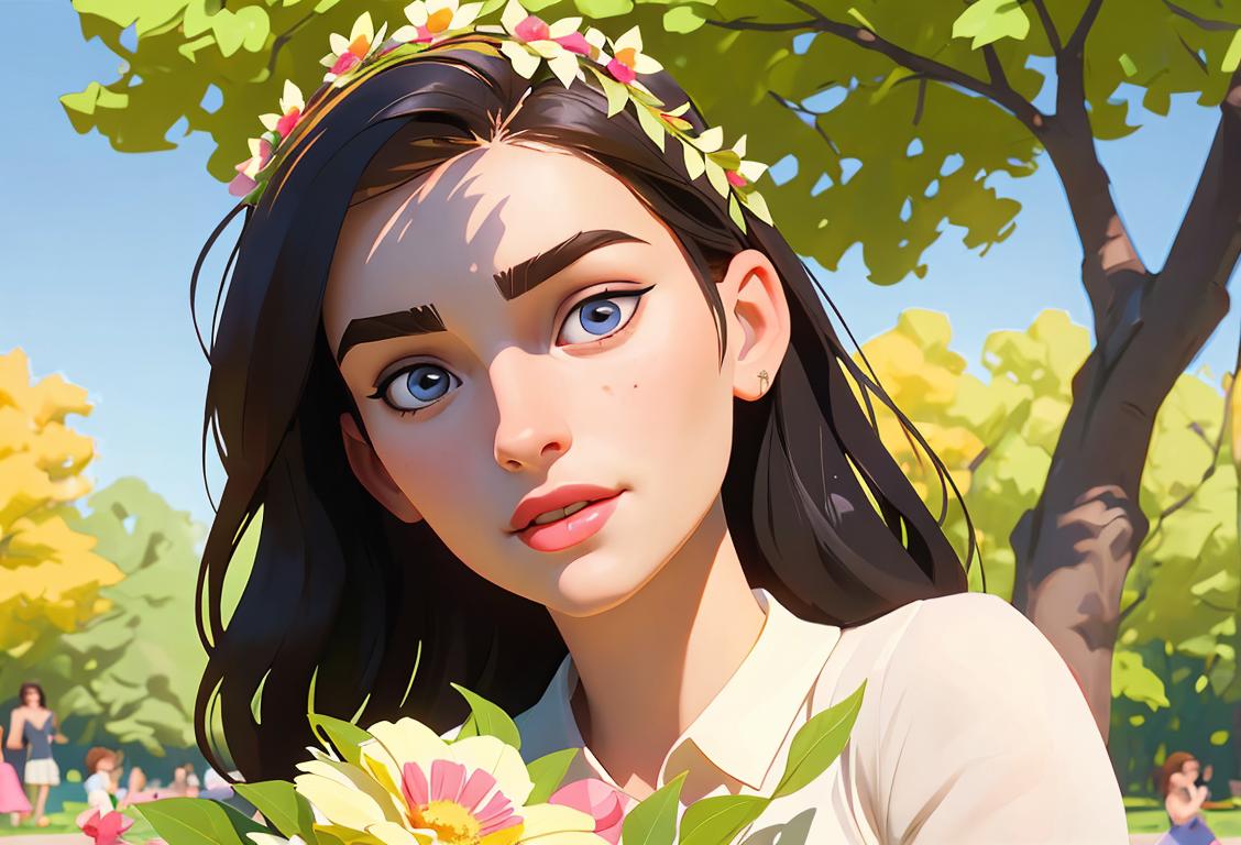 Young woman named Lena, wearing a flower crown, enjoying a picnic in a sunny park with friends..