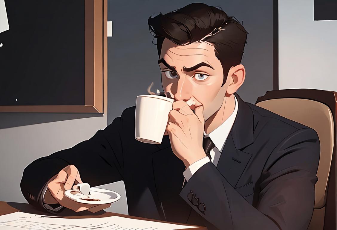 Young man in business attire spilling coffee on himself while giving a presentation, office setting, modern fashion..