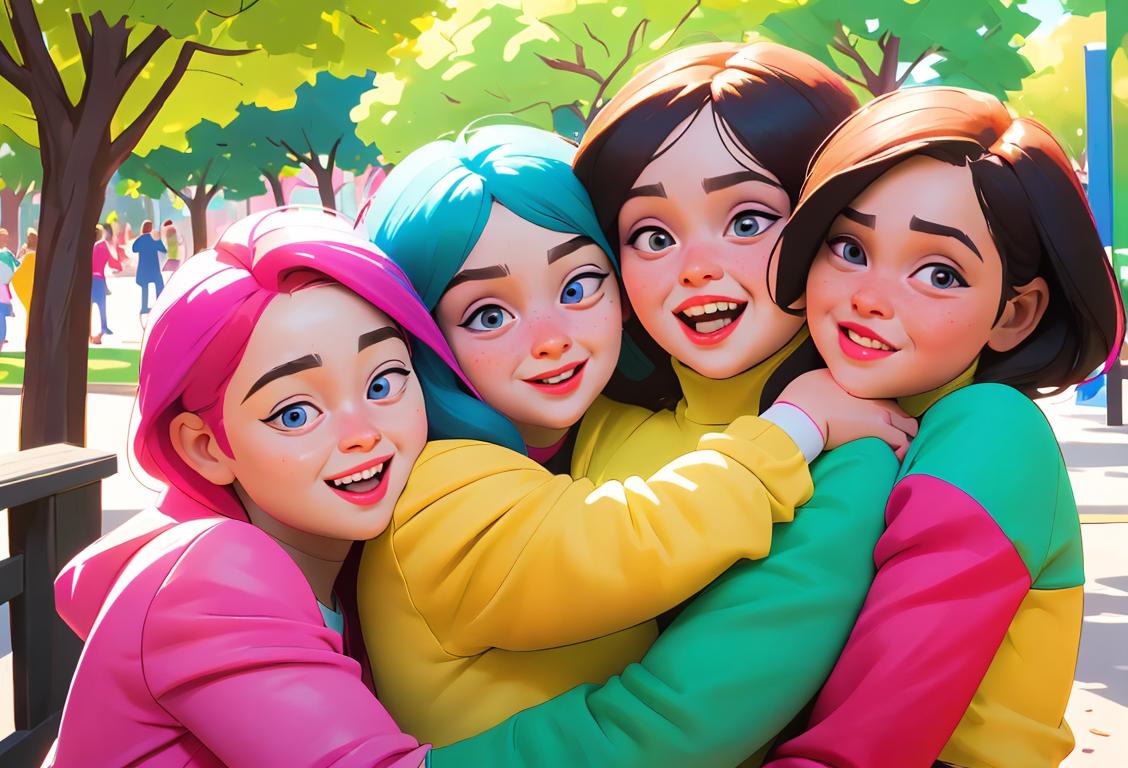 A group of diverse individuals with Down Syndrome, wearing colorful outfits, celebrating and embracing each other with joy and excitement in a park..