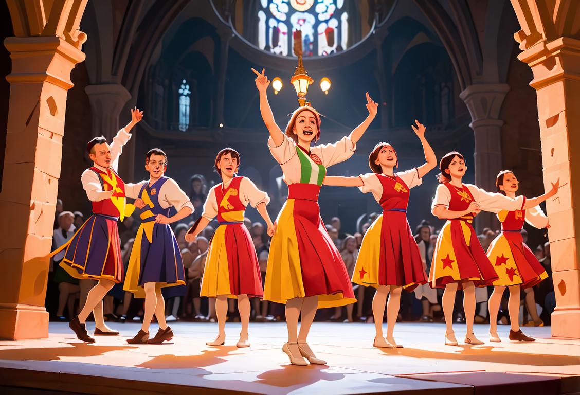 Group of people celebrating Catalonia day in traditional Catalan clothing, dancing the sardana, and standing in front of the iconic Sagrada Familia in Barcelona..