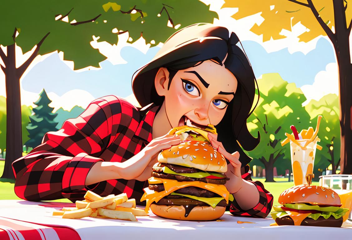 Cheeseburger lover taking a satisfying bite of a juicy cheeseburger, dressed in a checkered picnic outfit, enjoying a sunny park setting..