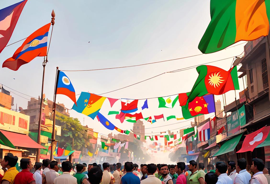 Colorful flags waving in the streets of Mumbai on Independence Day. A diverse crowd, wearing traditional Indian attire, celebrates with joy and patriotism in a bustling city setting..