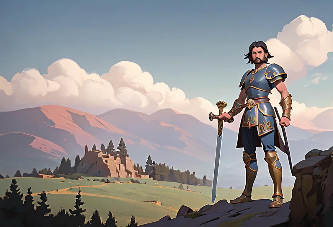 A valiant warrior, with armor and a sword, standing on a hilltop, overlooking a majestic landscape..