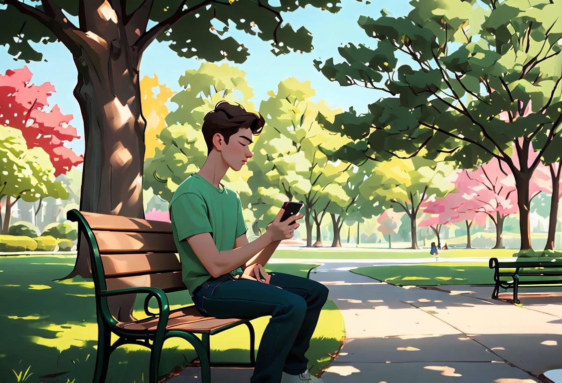 Young man sitting at a park bench, looking fondly at his phone while holding a cup of coffee. He wears a casual outfit, reminiscent of the early 2000s style. The park is filled with green trees, creating a serene and peaceful scene..