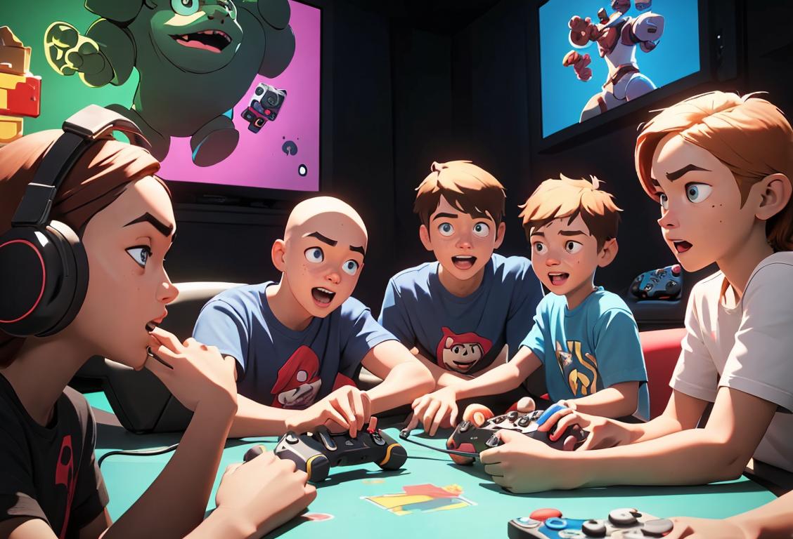 A diverse group of gamers of all ages, wearing gamer-themed t-shirts, surrounded by consoles and controllers, having a blast..
