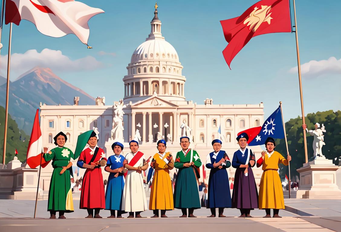 An image of a diverse group of people proudly waving their country's flag, dressed in traditional attire, against a backdrop of iconic national landmarks..