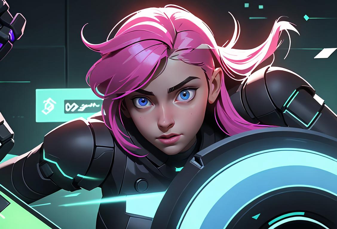 Young woman with glowing shield, defeating virtual trolls with her cyber skills, in a futuristic digital arena..