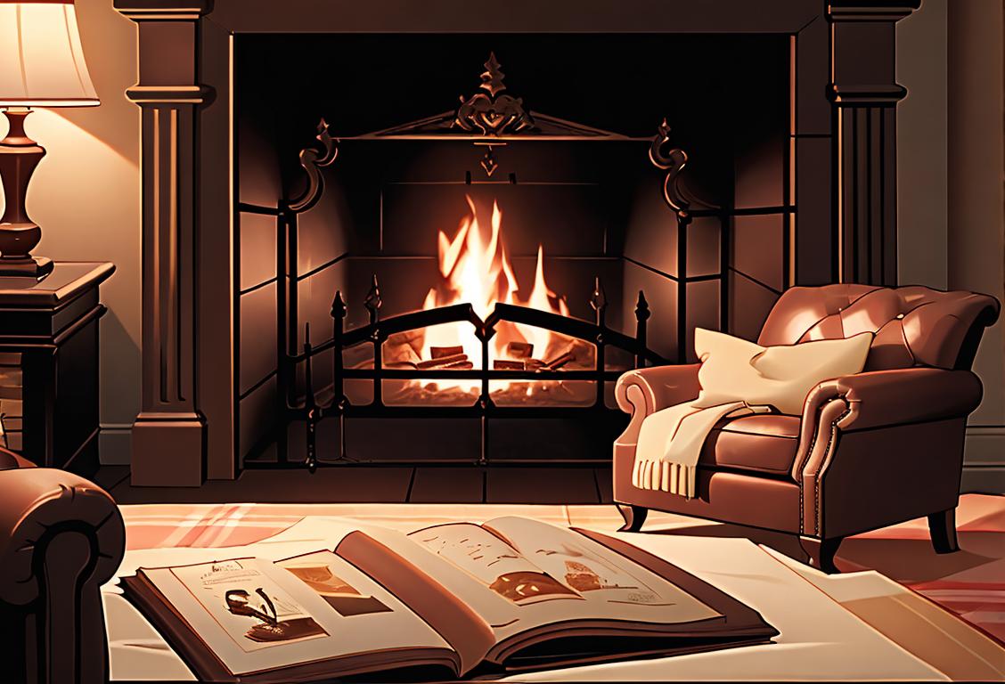 Elegant close-up of a dram of Scotch whisky, surrounded by a cozy fireplace, leather armchair, and plaid blanket..