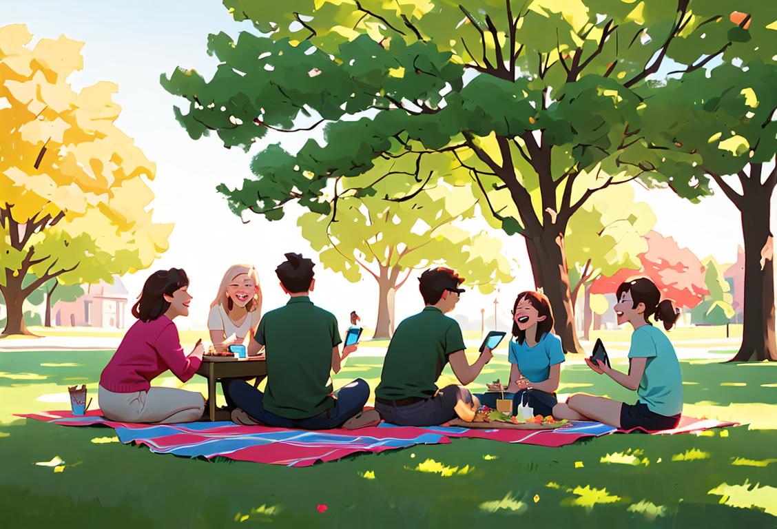 A group of friends sitting on a picnic blanket in a sunny park, laughing and talking as their digital devices lay forgotten nearby..