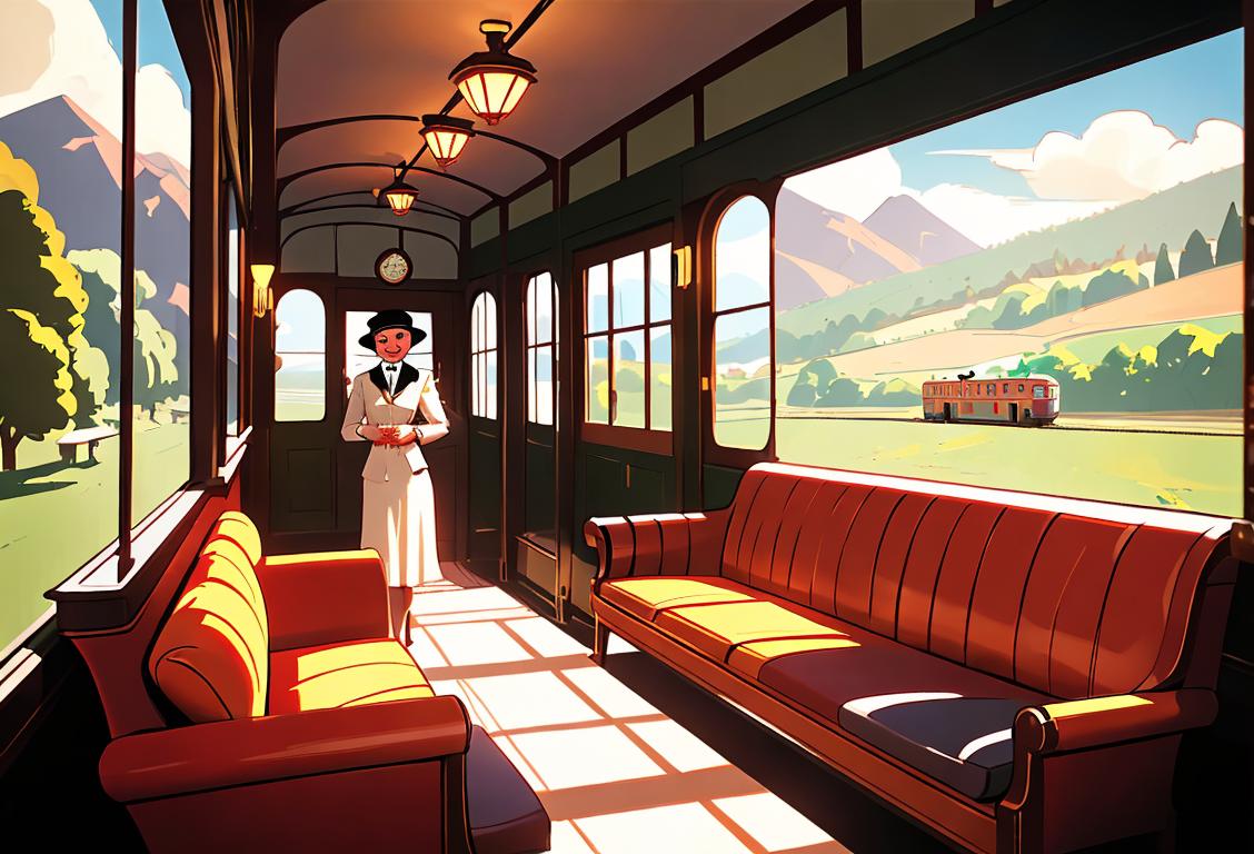 A vintage train chugging across a scenic landscape, with passengers in dapper 1920s fashion waving from the windows..
