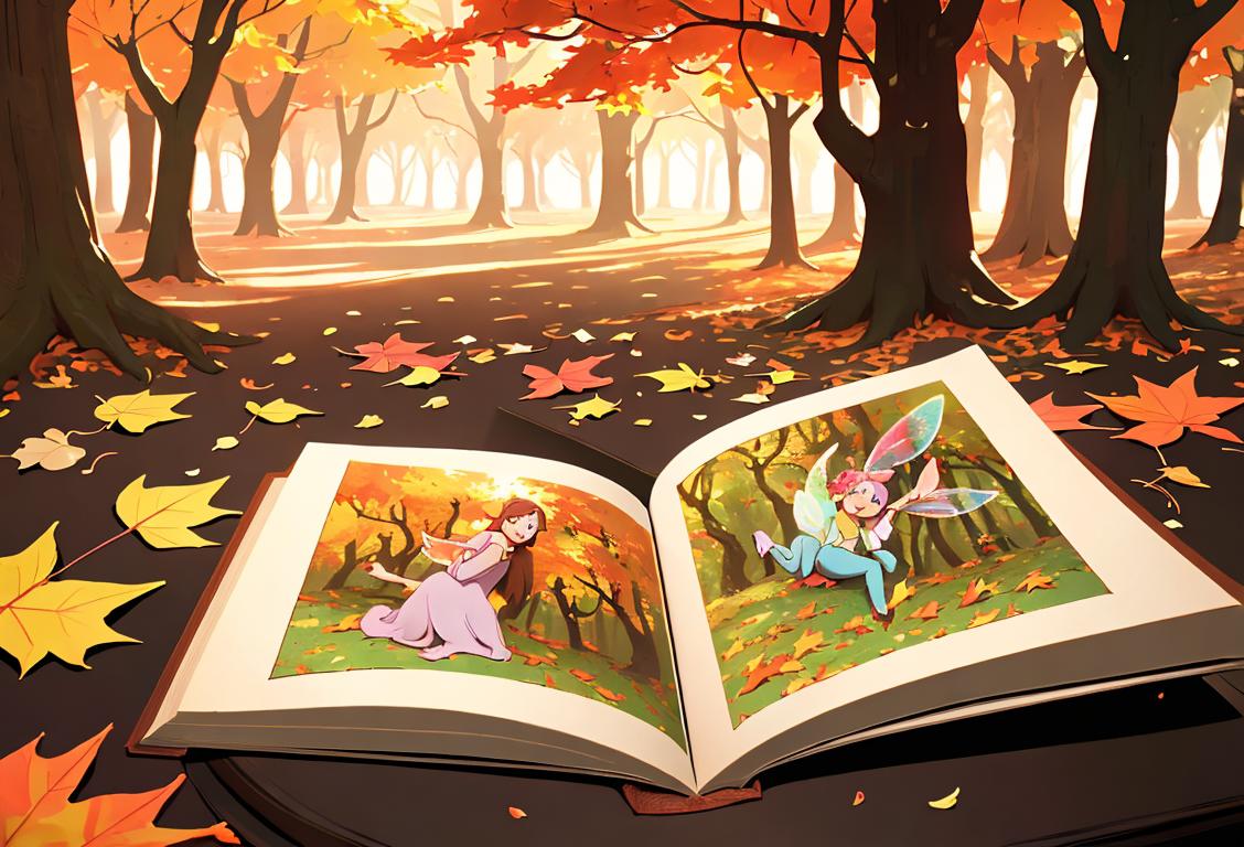 Open book revealing a whimsical, enchanted forest with fairies, wearing a cozy sweater, autumn fashion, surrounded by falling leaves..