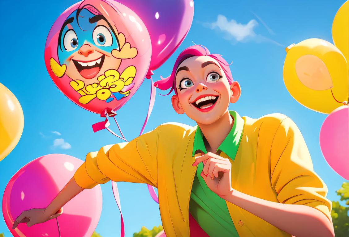A cheerful person surrounded by colorful balloons, dressed in a playful outfit, with a mischievous smile on their face, in a park filled with laughter and joy..