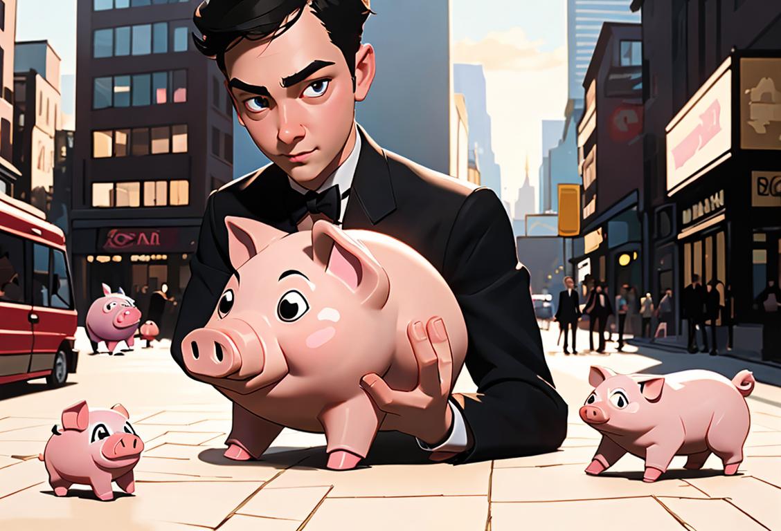Young person holding a piggy bank, wearing formal attire, in a bustling city setting..