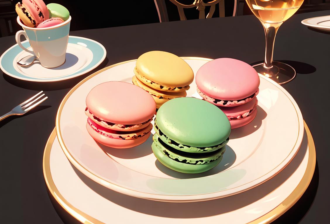 Person in a elegant outfit, holding a plate of colorful macarons, with a backdrop of a Parisian cafe and a charming cobblestone street..
