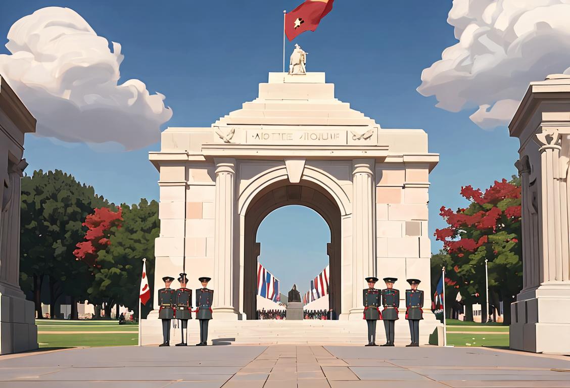 Young people in military attire standing in front of the National War Memorial, surrounded by flags and patriotic decorations..