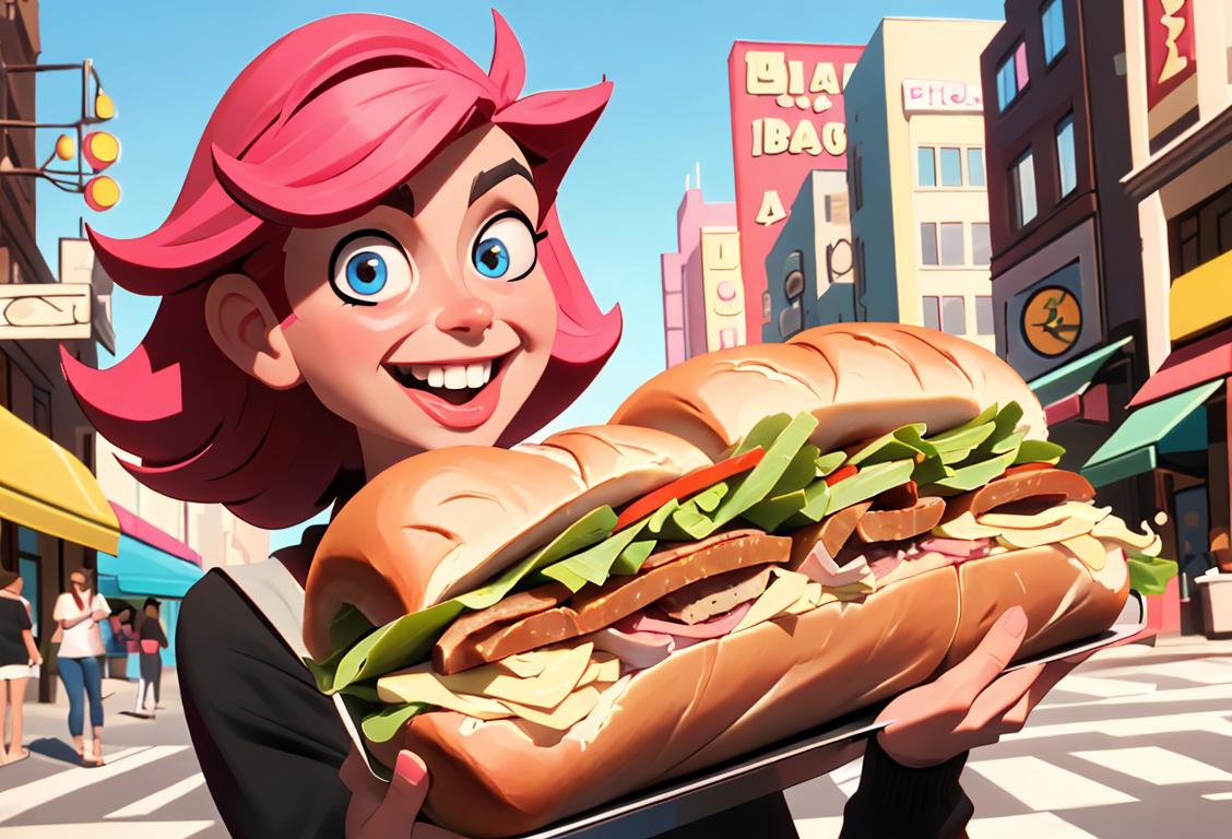 Happy individual joyfully holding a delicious hoagie, wearing a trendy outfit, vibrant city street background, mouthwatering sandwich fillings neatly visible..