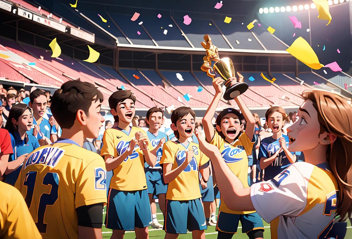 Group of young people wearing sports jerseys, holding trophy in front of stadium, confetti falling around them..