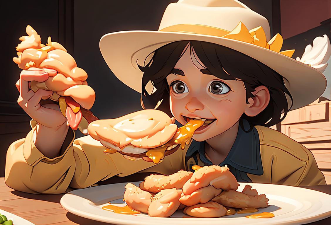 A joyful child devouring a plate of golden chicken tenders, wearing a fun cowboy hat, whimsical Western theme..