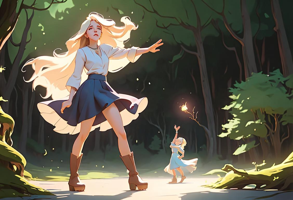 Stevie Nicks-inspired woman twirling in a flowing skirt, wearing platform boots, surrounded by mystical forest creatures and ethereal lighting..