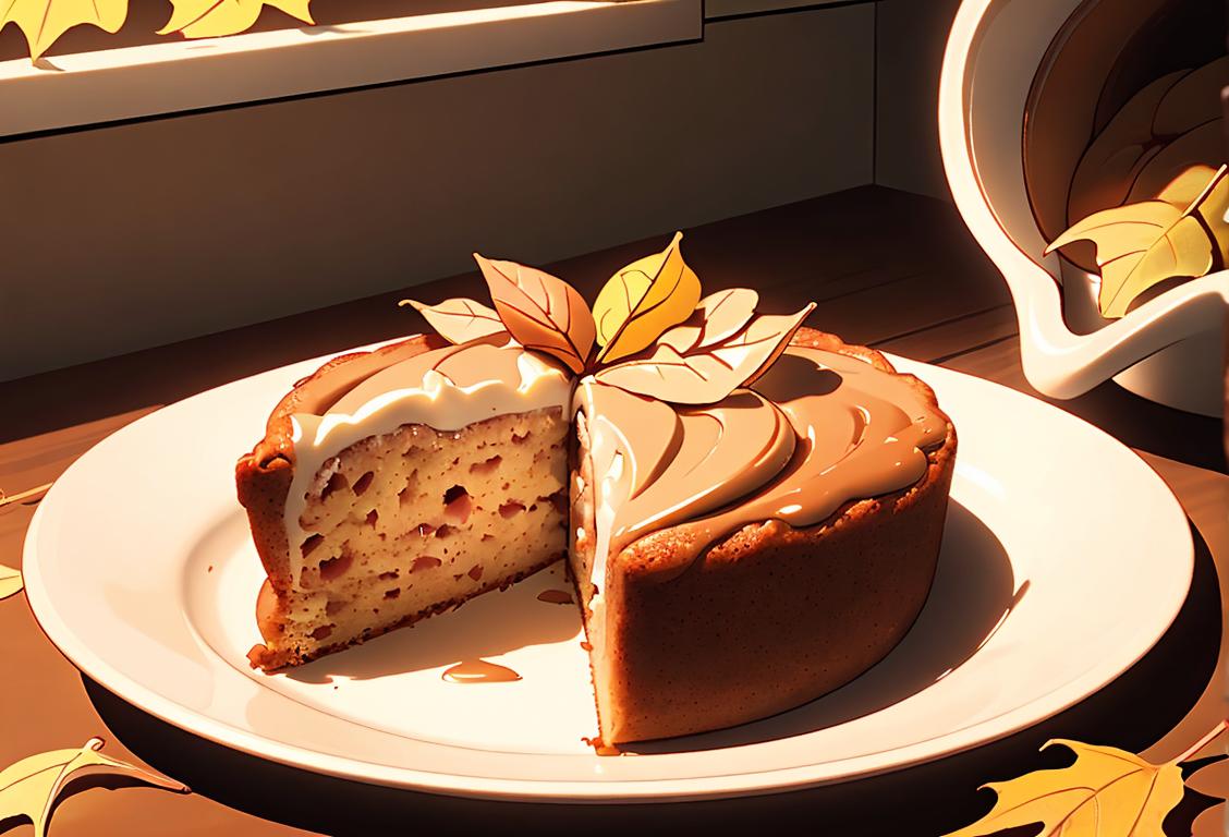 Happy person holding a slice of moist applesauce cake with a hint of cinnamon, surrounded by autumn leaves and a cozy kitchen atmosphere..