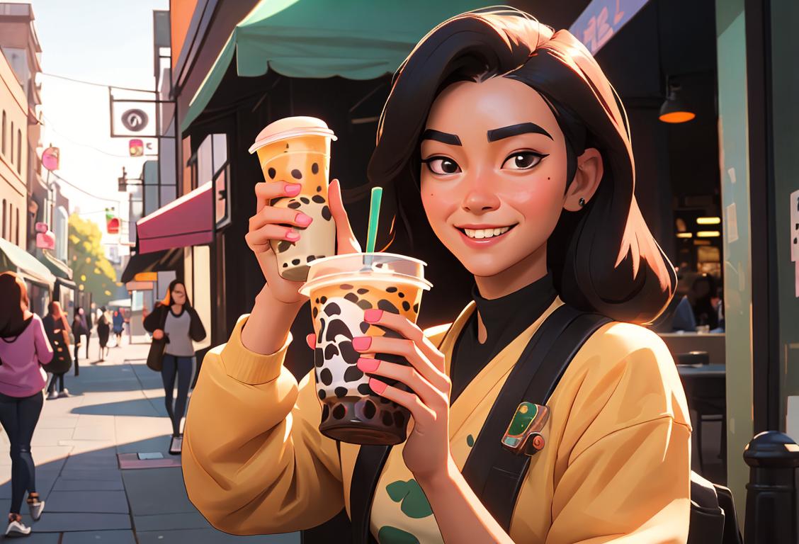 Young woman with a wide smile, holding a boba tea cup, trendy street fashion, city cafe scene..