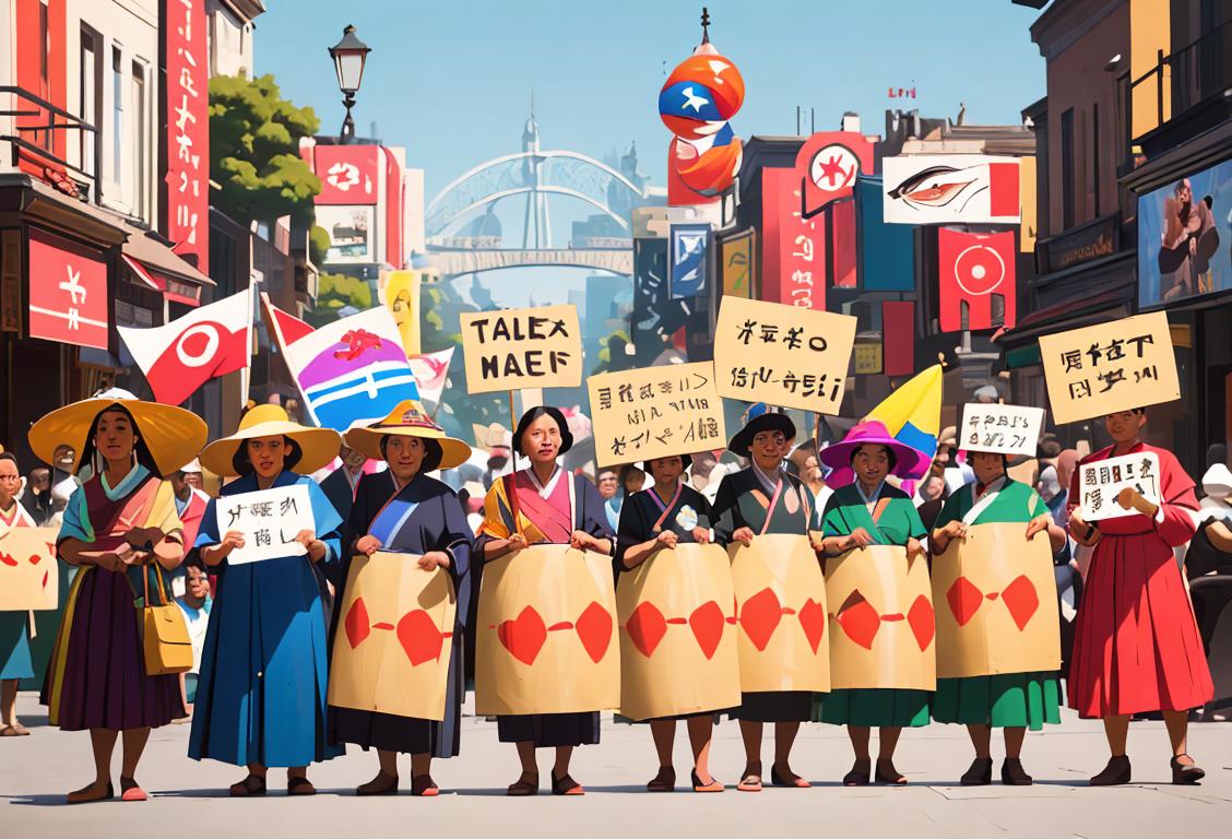 A diverse group of people dressed in different cultural attires, holding signs representing various national associations, in a vibrant city setting..