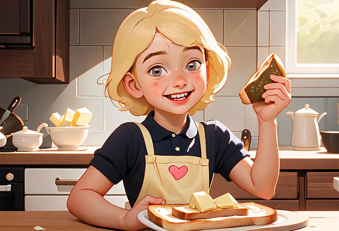 A cheerful child joyfully spreading butter on a slice of toast, dressed in a cute apron amidst a cozy kitchen scene..