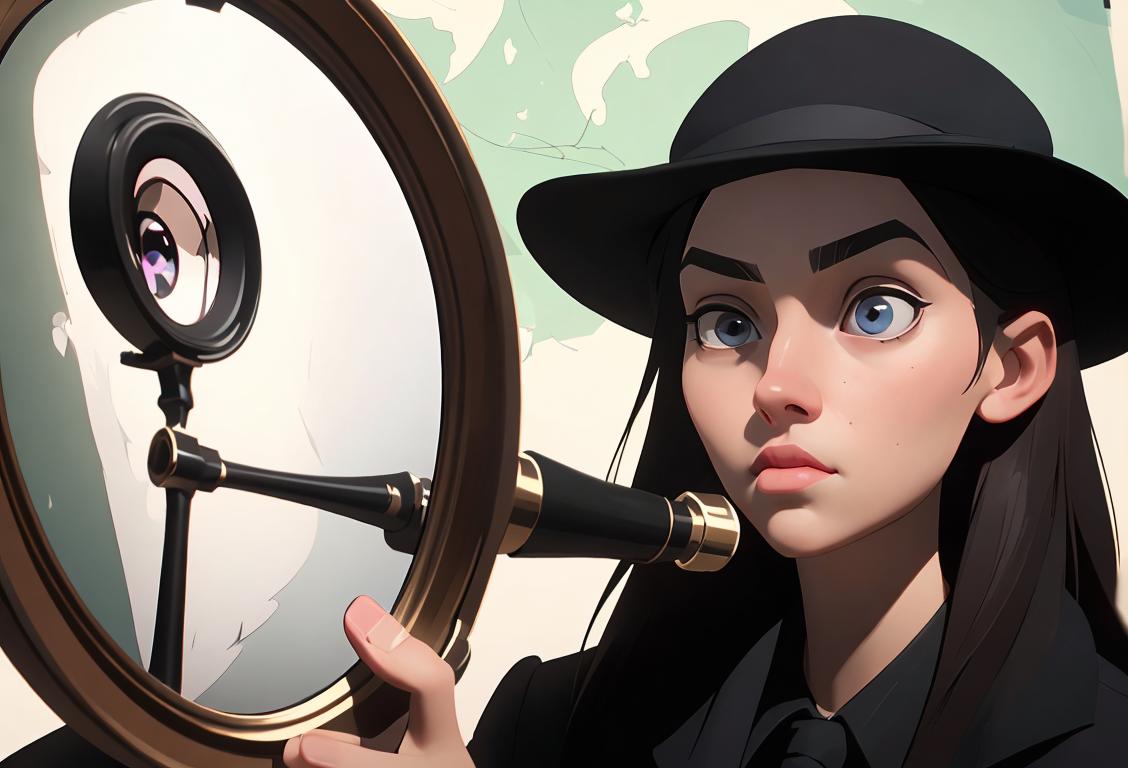 Young woman holding a magnifying glass, wearing a detective hat, exploring suspicious online messages with a computer in the background..