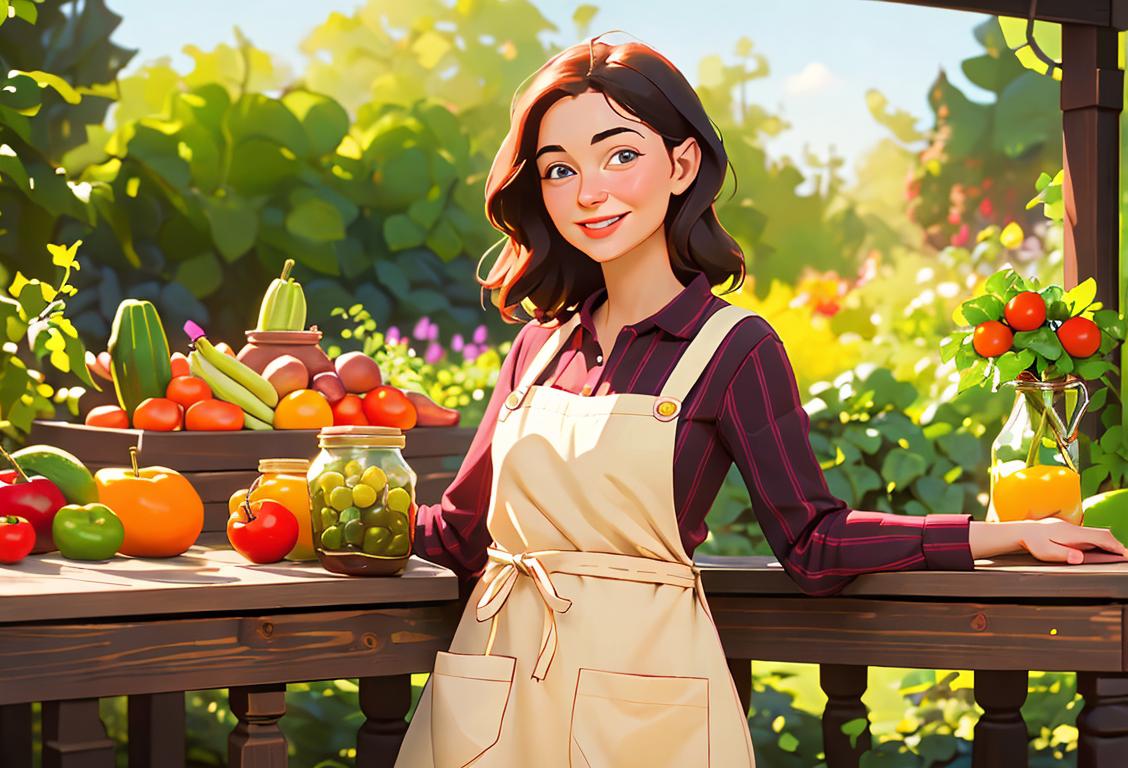 Happy person with an apron, holding jars filled with colorful fruits and vegetables, surrounded by a garden..