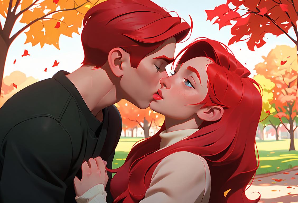 Young man and woman, both with vibrant red hair, sharing a sweet and innocent kiss in a colorful park setting, wearing cozy fall outfits..