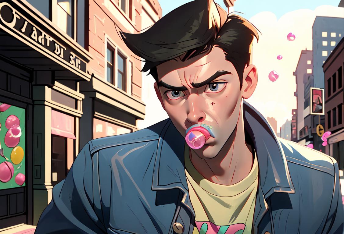 Young man blowing a bubble with chewing gum, wearing a retro leather jacket, urban street setting..