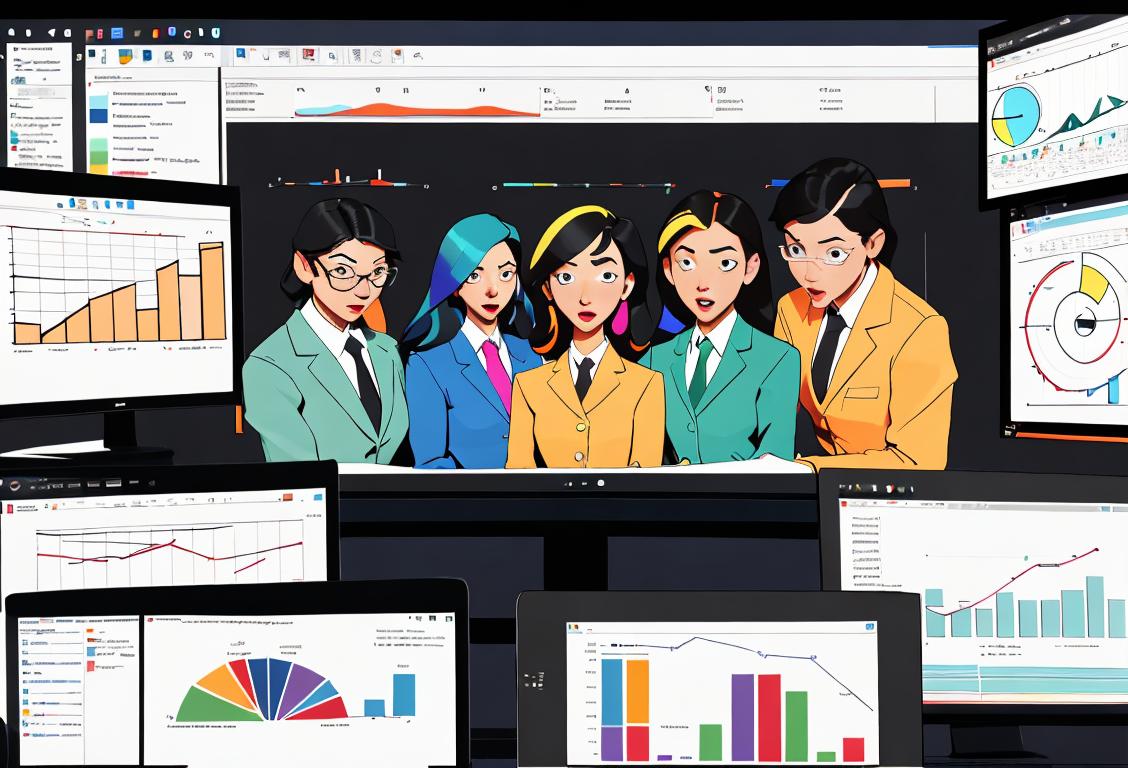 A diverse group of people huddled around a computer screen, analyzing colorful charts and graphs, dressed in professional attire, office setting..