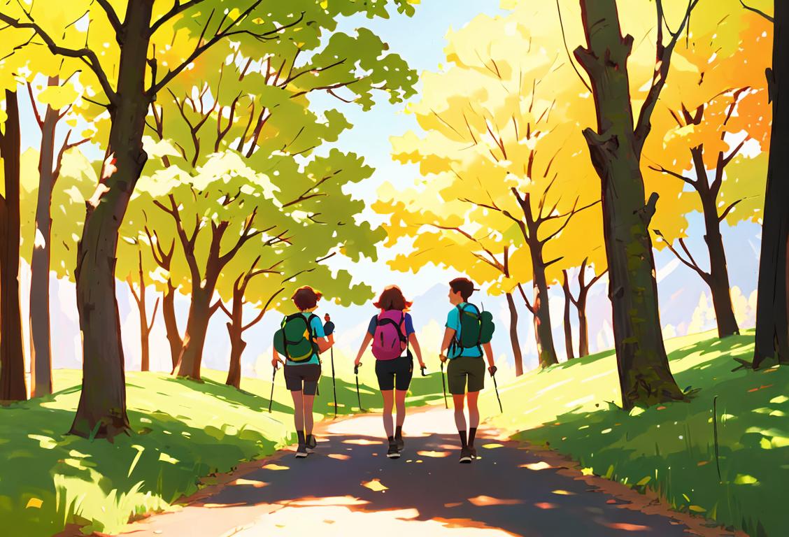 Young adults hiking in nature, wearing colorful outdoor gear, surrounded by vibrant trees and sunlight..