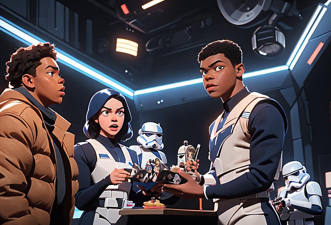 Happy, diverse group of people gathered around John Boyega poster, wearing Star Wars merchandise, cinema setting.