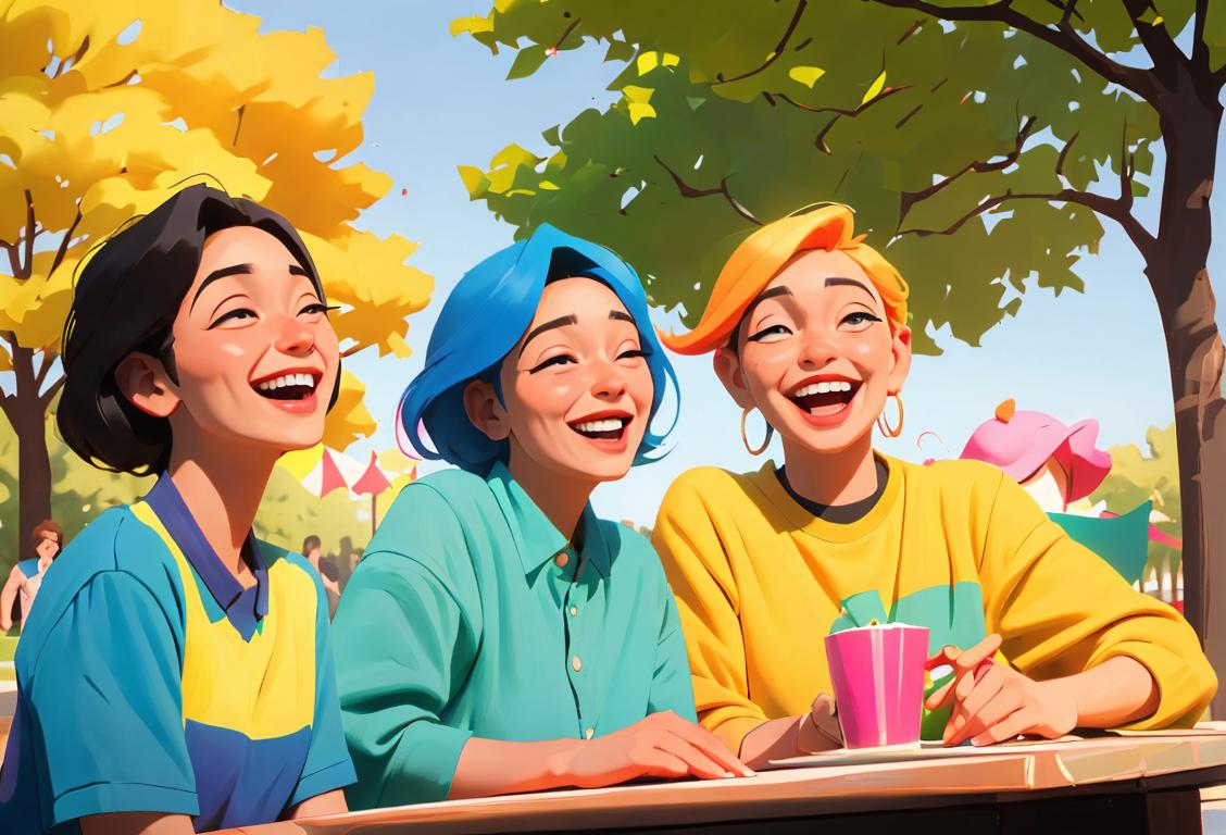 Group of diverse people laughing together in a park, wearing colorful casual clothes, sunny outdoor setting..