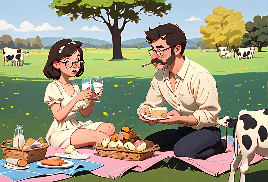 Young boy and girl holding glasses of milk, wearing matching milk mustache, picnic setting with cows in the background..