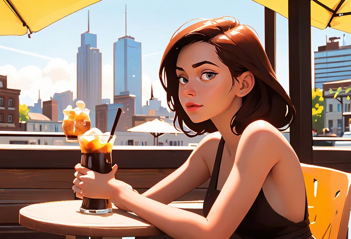 Young woman enjoying a refreshing glass of cold brew coffee, wearing a trendy summer outfit, sitting in a sunny café with a captivating cityscape in the background..