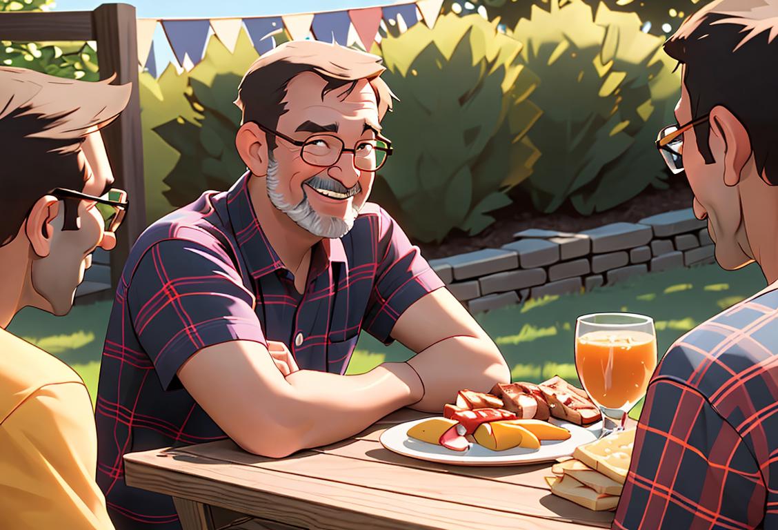 A middle-aged man wearing glasses and a plaid shirt, with a big smile on his face, telling a cheesy dad joke to a group of people. The scene is set in a backyard barbecue, with a picnic table set up and people wearing casual summer clothing, enjoying the sunny day..
