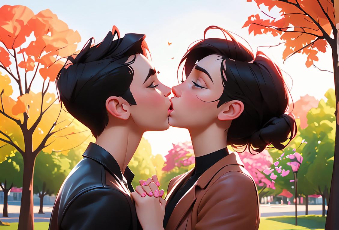 A young couple standing in a picturesque park, both dressed in trendy fall fashion, holding hands and sharing a sweet kiss. The scene depicts the excitement and nervousness of National Kiss Your Crush Day, capturing the essence of a potential new romance..