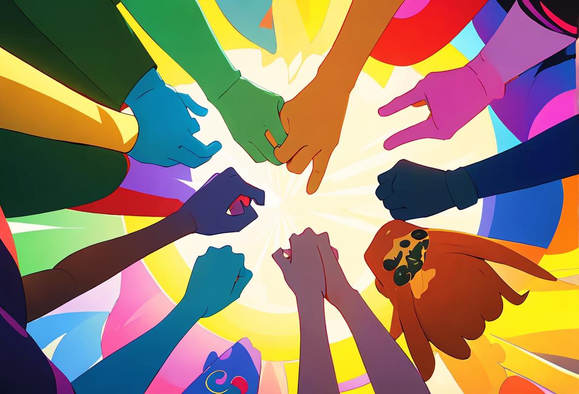 A diverse group of people, holding hands in a circle, wearing colorful t-shirts, surrounded by a beautiful natural scenery..