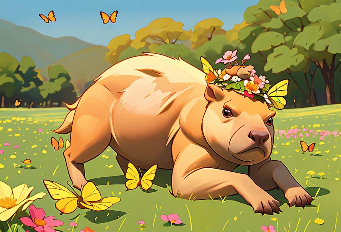 Cute capybara sitting in a sunny meadow, wearing a floral crown, surrounded by curious butterflies and colorful flowers..