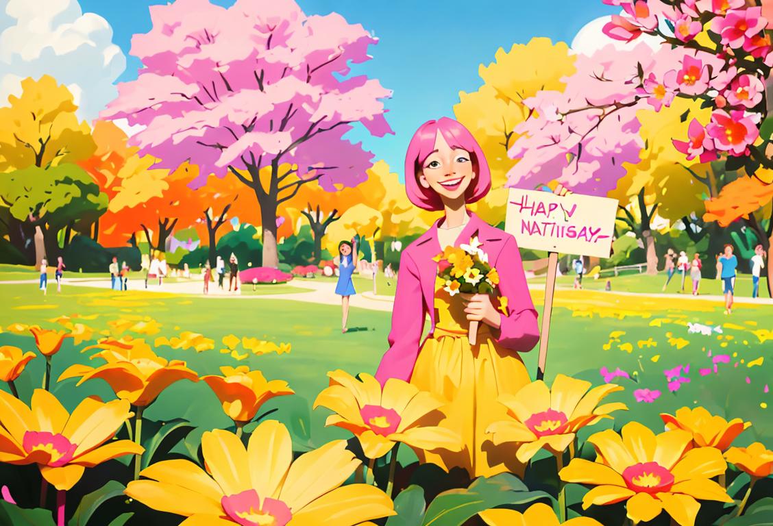 An image of a woman named Lisa in a colorful outfit, surrounded by a group of smiling friends, all holding signs that say 'Happy National Lisa Day!' The scene is set in a beautiful park with blooming flowers and a sunny sky..