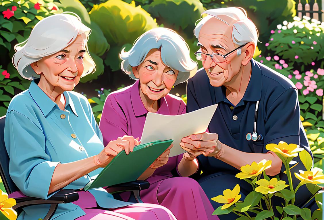 Cheerful elderly couple sitting in a garden, wearing casual attire, surrounded by beautiful flowers and holding a document related to healthcare decisions..