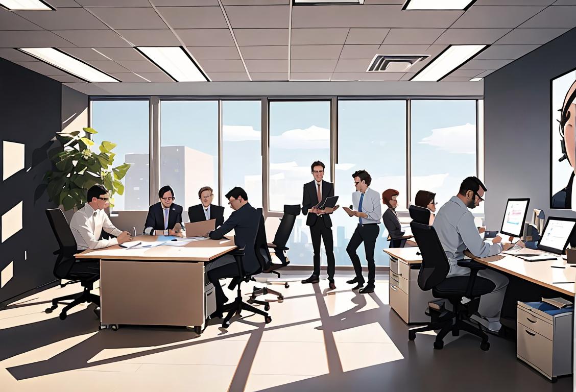 A diverse group of engineers collaborating on a design, wearing professional attire, in a modern office setting..
