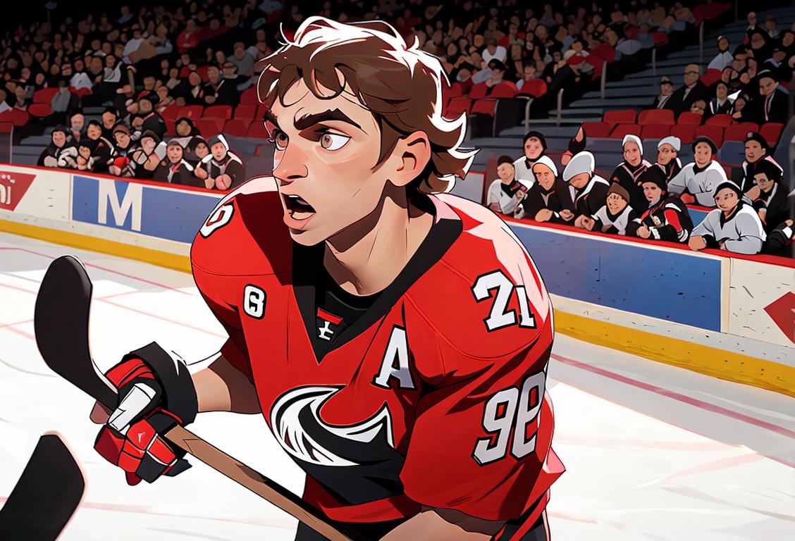 Patrick Kane with hockey stick, sporting his jersey, surrounded by cheering fans, hockey rink backdrop.