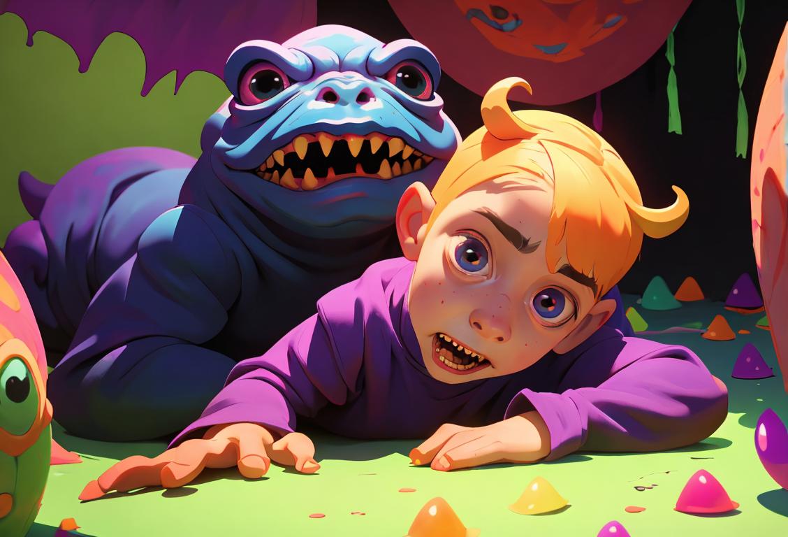 Young child dressed as a friendly monster, wearing colorful costume, surrounded by spooky decorations.