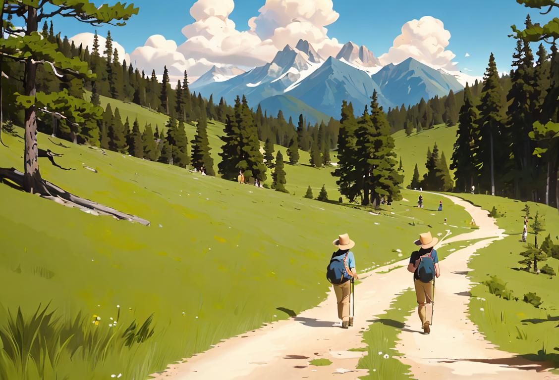 Group of hikers in National Park landscape, wearing wide-brimmed hats, sporting backpacks, along a scenic trail..