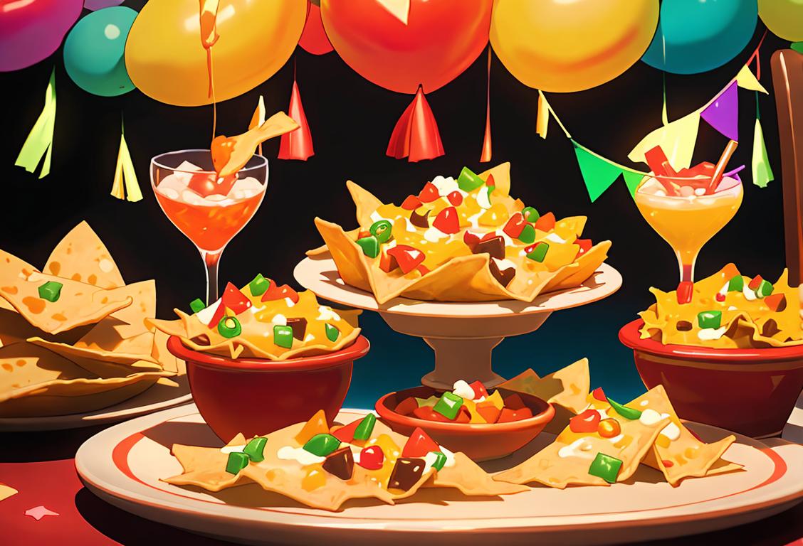 Cheerful family gathered around a table full of delicious nachos, dressed in colorful party attire, festive decorations in the background..