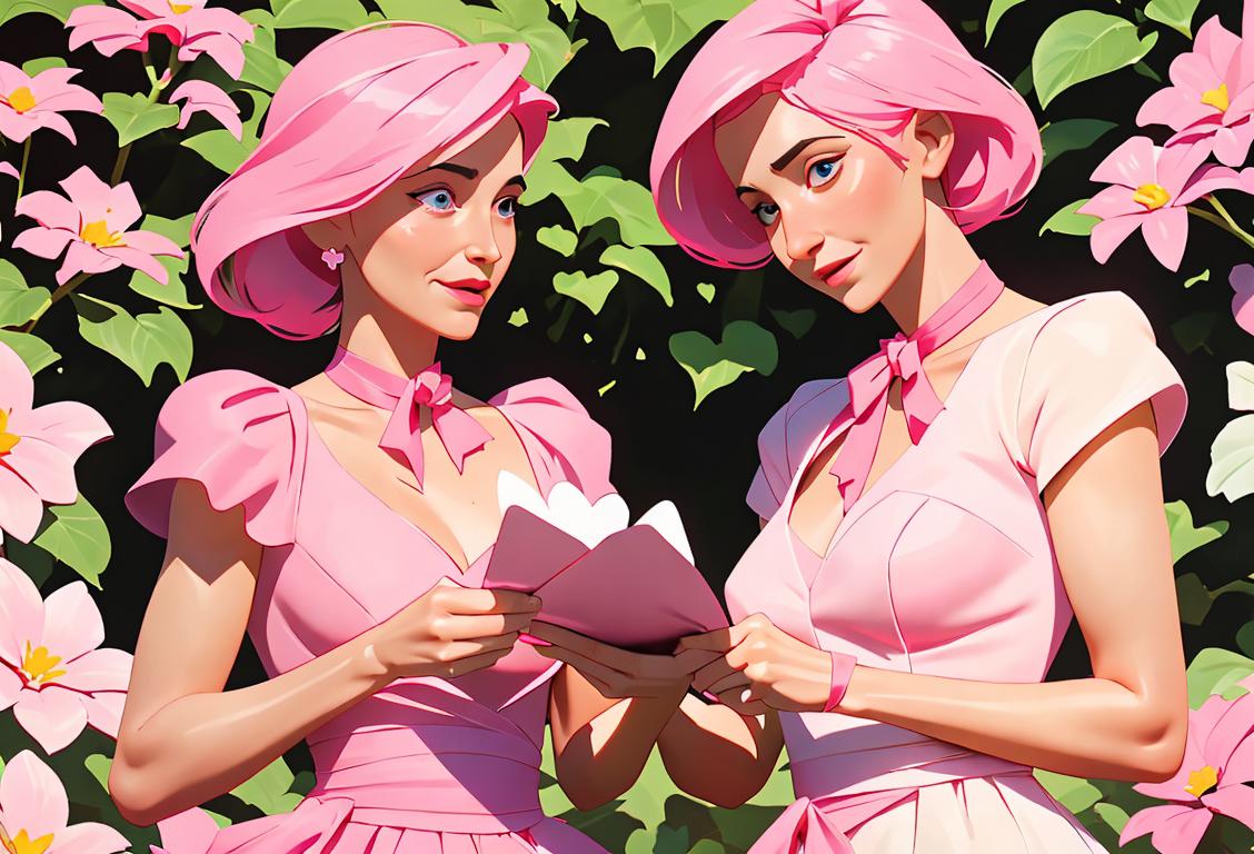 A woman wearing a pink ribbon, holding a Mother's Day card, surrounded by flowers and a beautiful garden..